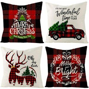 Square Christmas Pillows Covers 18x18 Inch Set of 4, Linen Throw Pillow New